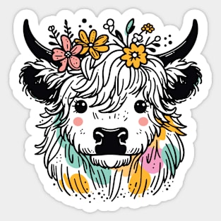 Majestic Highland Harmony: Scottish Hairy Cow with Blossoms Sticker